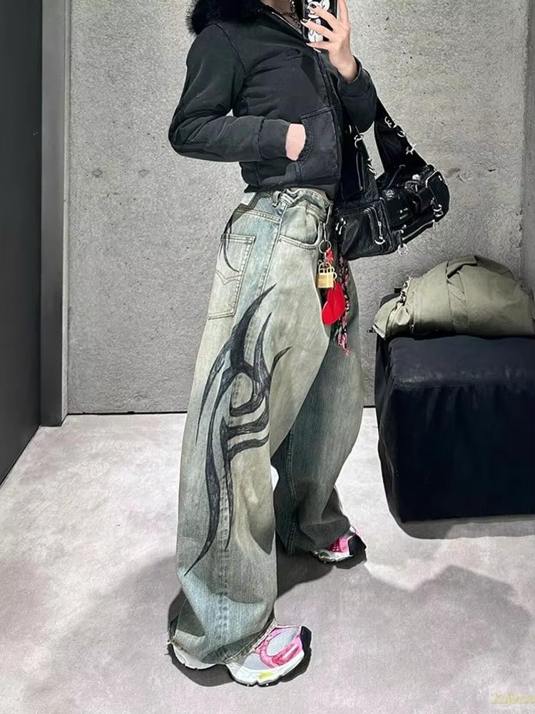 Unisex Y2K Streetwear Baggy Jeans Retro Totem Print Goth Pants High Waisted Wide Leg Harajuku Hip-Hop Style: Gray XX-Large