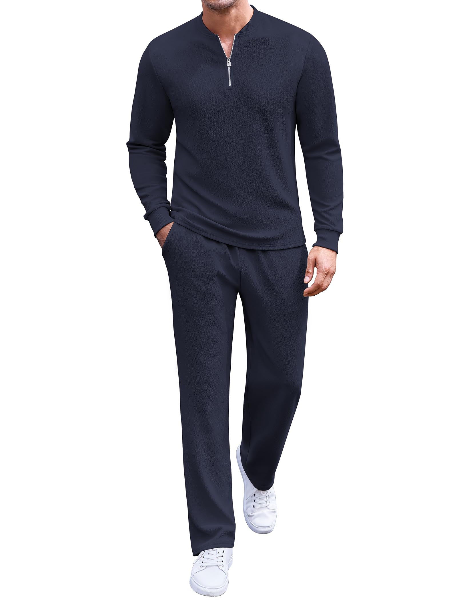 Men's 2 Piece Tracksuit Set Polo Athletic Sweatsuit Quarter Zip Jogging Long Sleeve Casual Sports Outfits