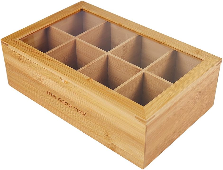 Bamboo Tea Bag Container, “Good TIME” Engraved Tea Box Organizer, Tea