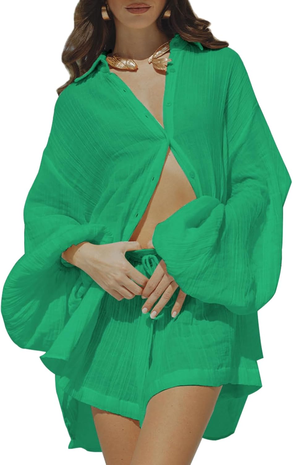 Fixmatti Women 2 Piece Outfits Summer Shorts Sets Lantern Sleeve Button Down Shirt and Shorts Sweatsuit