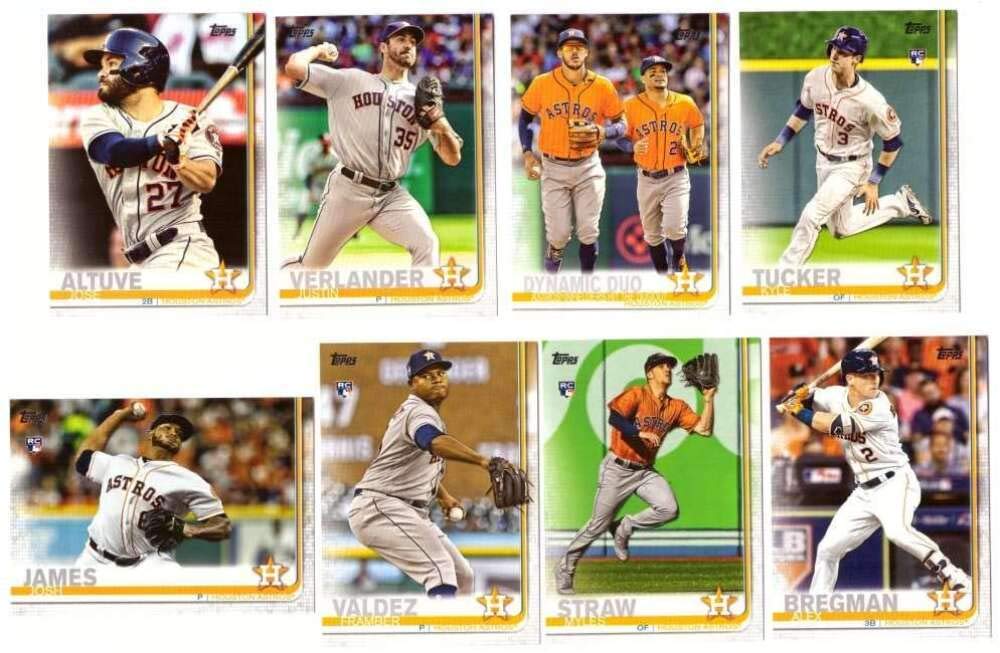 2019 Topps Houston Astros Team Set of 29 Cards. Included in this set are card numbers 32 Carlos Correa, 55 Yuli Gurriel, 57 Justin Verlander, 60 Kyle Tucker, 91 Hector Rondon, 136 Brad Peacock, 159 Minute Maid Park, 169 Charlie Morton, 178 Jose Altuve, 294 Dynamic Duo, 322 Brian McCann, 323 George Springer, 363 Max Stassi, 376 Framber Valdez, 386 Ryan Pressly, 392 Cionel Perez, 397 Lance McCullers Jr., 401 Tony Kemp, 434 Roberto Osuna, 447 Up High Down Low/George Springer, 531 Josh Reddick, 544