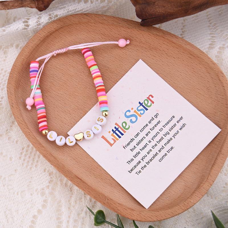 yaozeio Colorful Little Sis Bracelet for Sister Clay Beads Bracelet Gifts for Women Birthday Gifts for Stepsister Fostersister Lil Sis Bracelets from Big Sister Friends Adjustable Bracelets - Image 3