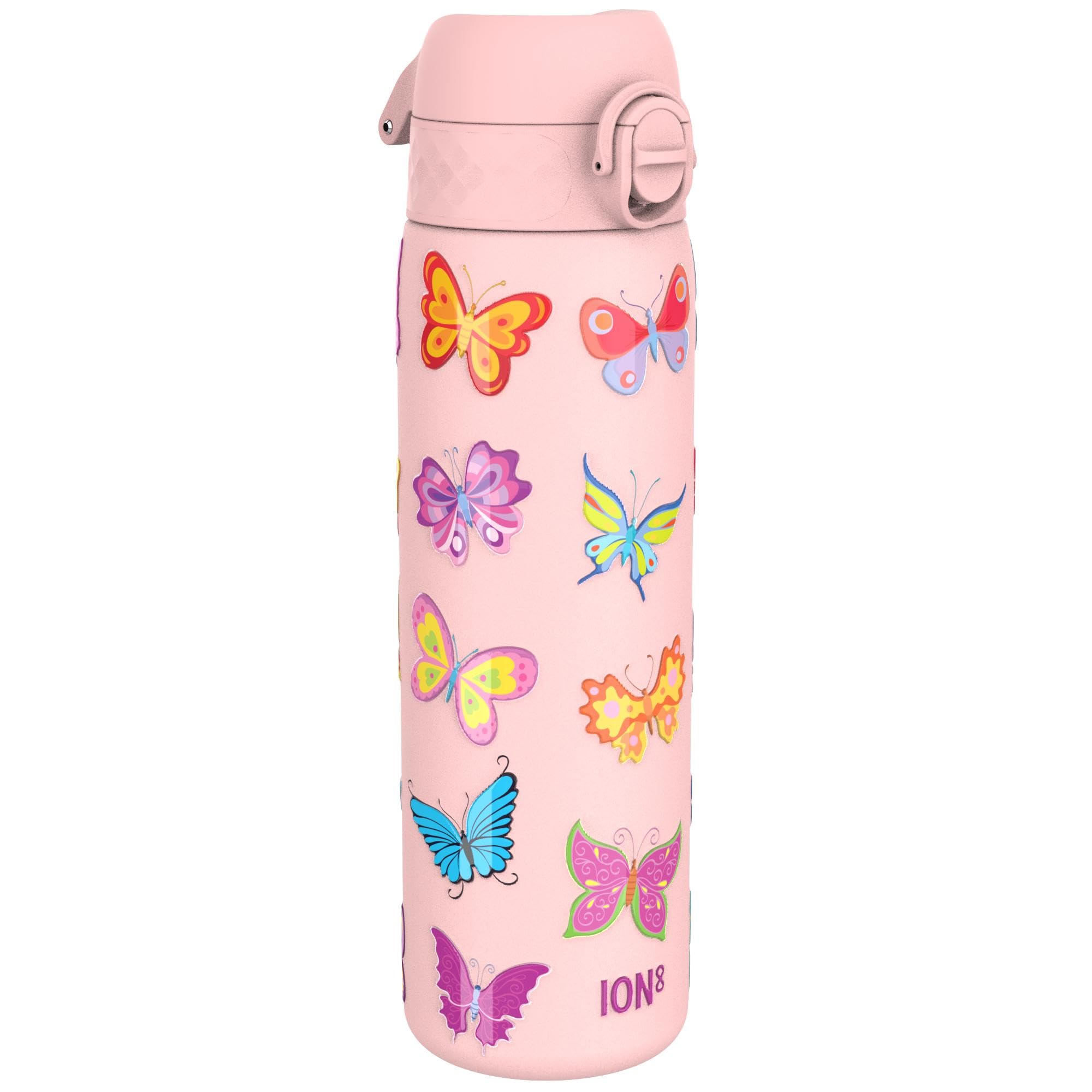 Ion8 Vacuum Insulated Steel Water Bottle, 500 ml/17 oz, Leak Proof, Easy to Open, Secure Lock, Dishwasher Safe, Fits Cup Holders, Carry Handle, Scratch Resistant, Metal Water Bottle, Butterflies