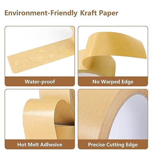 Miniatura 4 de TooCust Cinta de papel kraft autoadhesiva, cinta de papel marrón de 2 pulgadas x 55 yardas, cinta de embalaje marrón biodegradable, cinta de