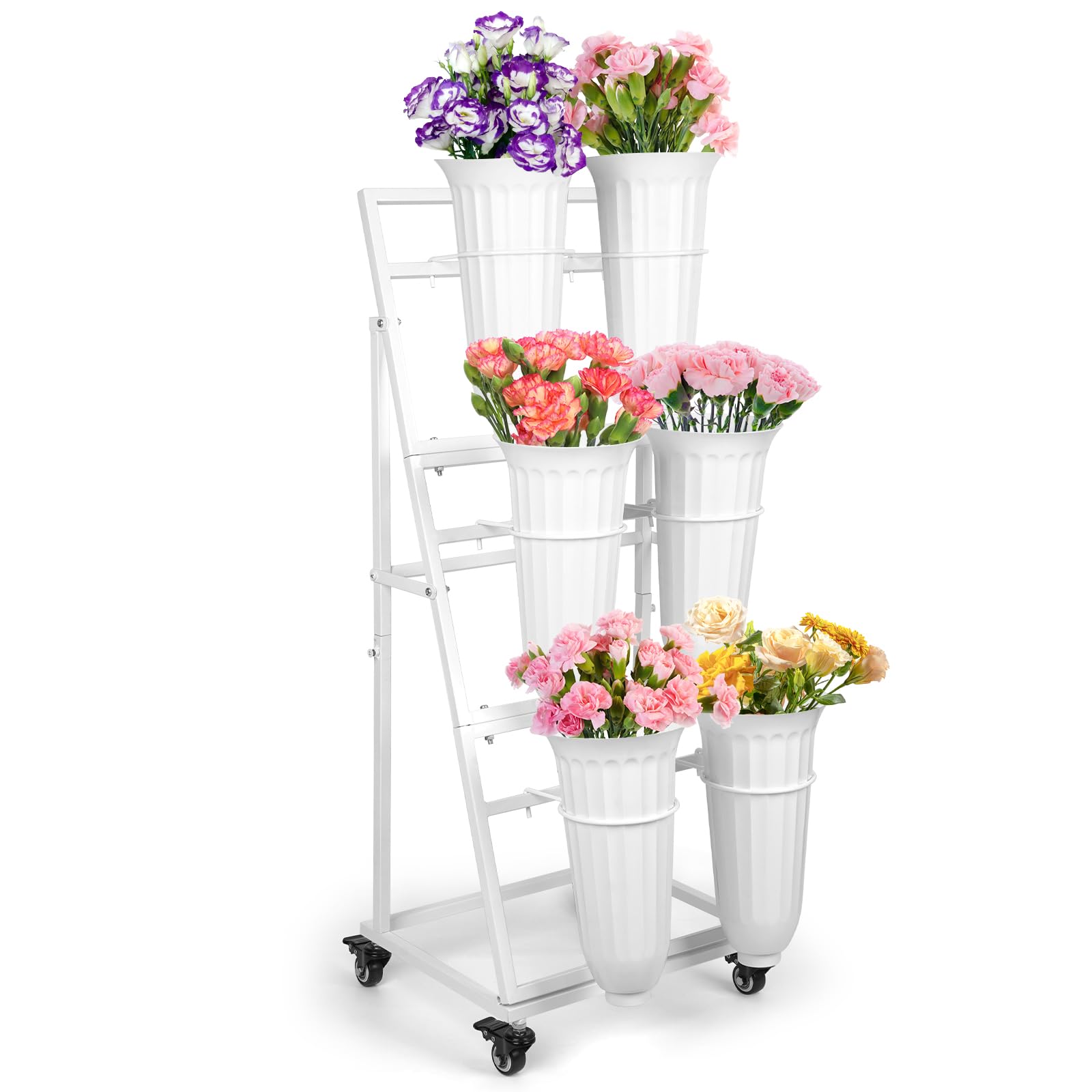 flower display stand with 6 buckets,flower bar with wheels,flower cart display stand for florist garden wedding home decor (white)