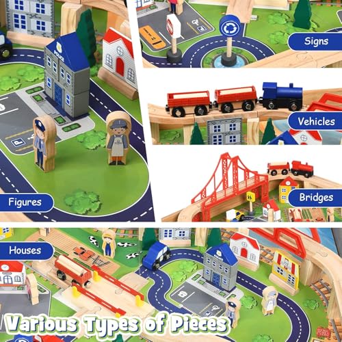 Image of Costzon Wooden Train Table with 100 Multicolor Pieces | Kids Activity Table w / Large Rolling Storage Drawer, Tracks, Cars, DIY Design, Train Set Table for Boys Girls Toddlers 3+