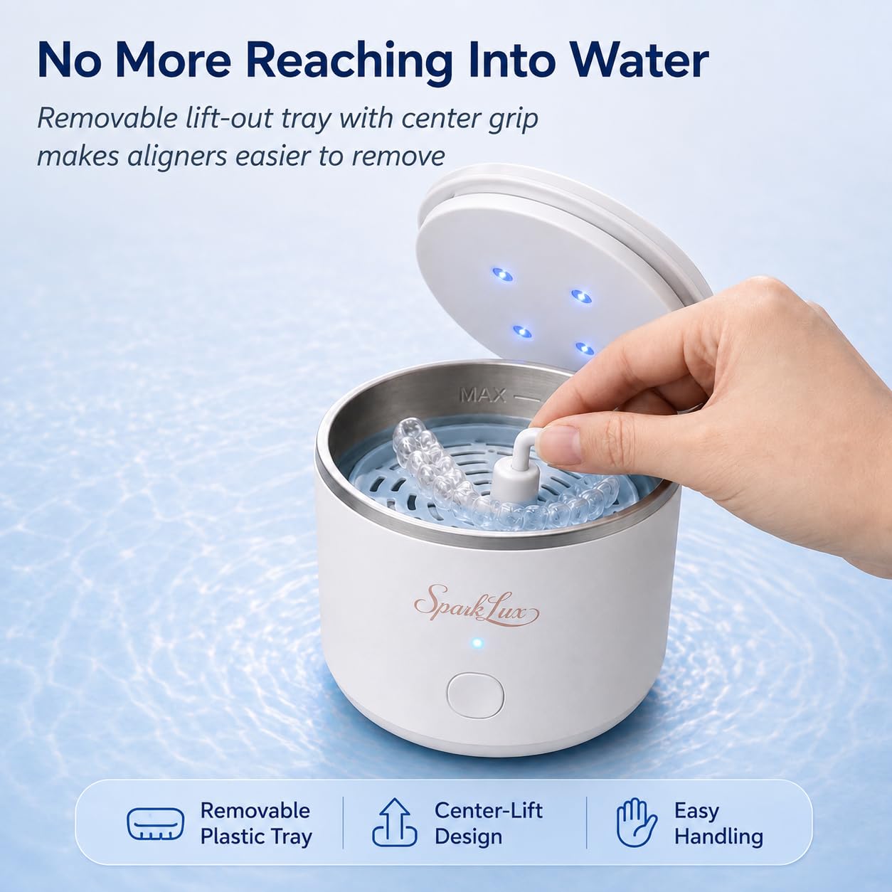 SparkLux Nettoyeur à ultrasons pour aligneurs, dispositifs de retenue et protège-dents | Nettoyeur rechargeable avec lumière UV et panier amovible | 45 kHz