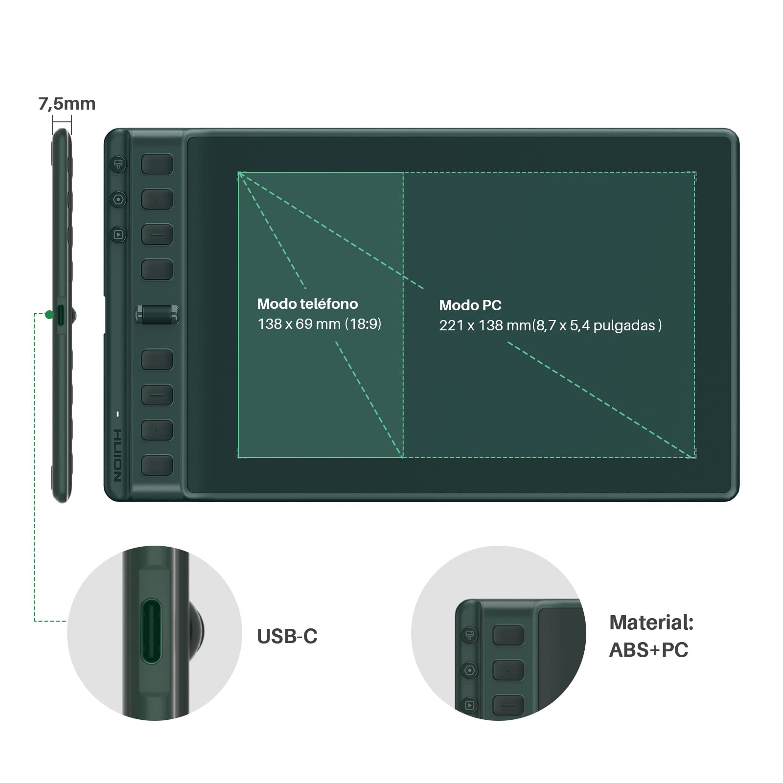 HUION Inspiroy 2 M Tableta Gráfica, Nuevo Bolígrafo Digital PW110, 8 Teclas de Acceso Directo Personalizables, Desplazador Fácil de Usar, Ideal para Dibujar, Estudiar y Trabajar Desde Casa, Verde