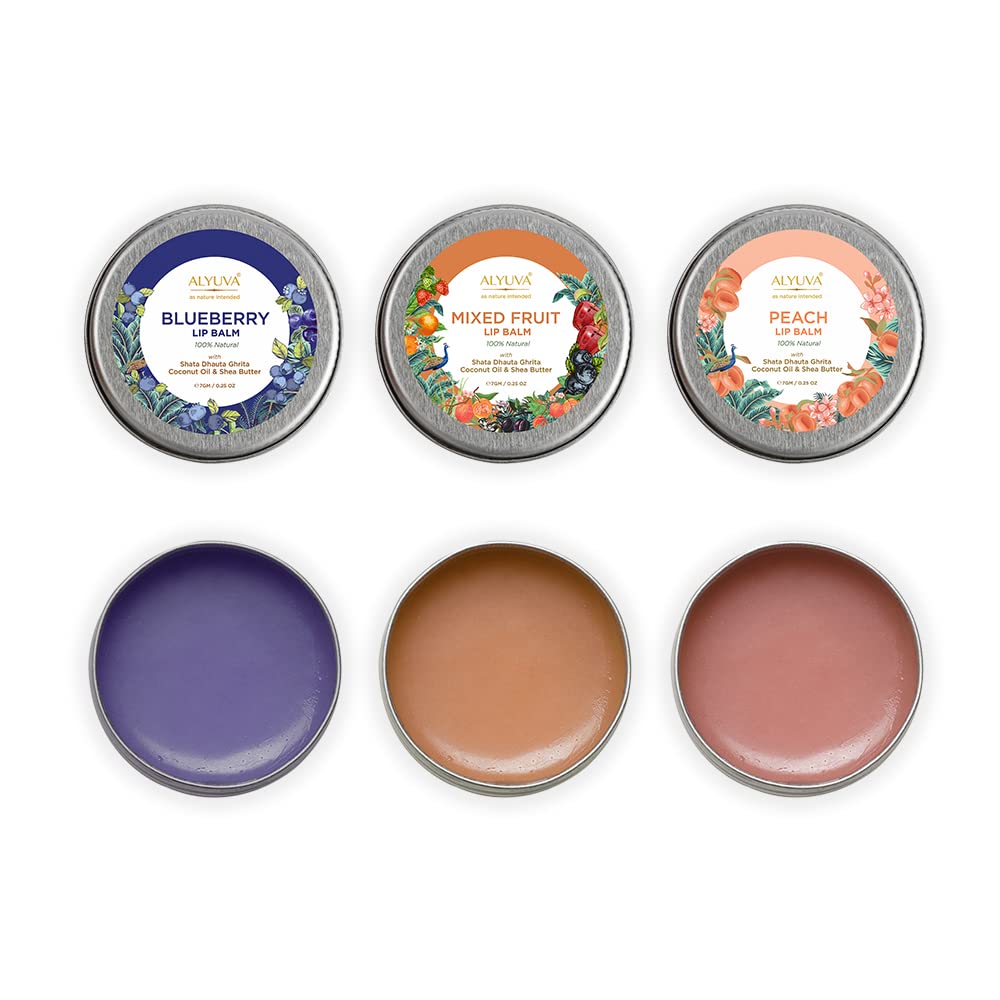 Alyuva Combo of Ghee Enriched 100% Natural Blueberry, Peach & Mixed Fruit Lip Balms, 7gms Each