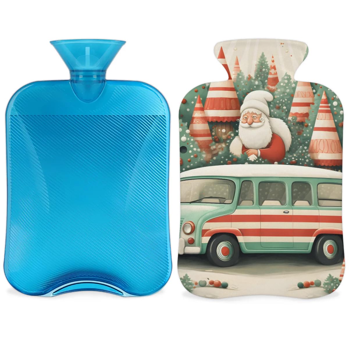 Hot Water Bottle with Soft Cover,2L Fantastic Santa Claus Hot Water Bag for Hot and Cold Compress, Hand Feet Warmer, Abstract Santa Claus Rubber Hot Cold Water Bottle Halloween Christmas Decorations