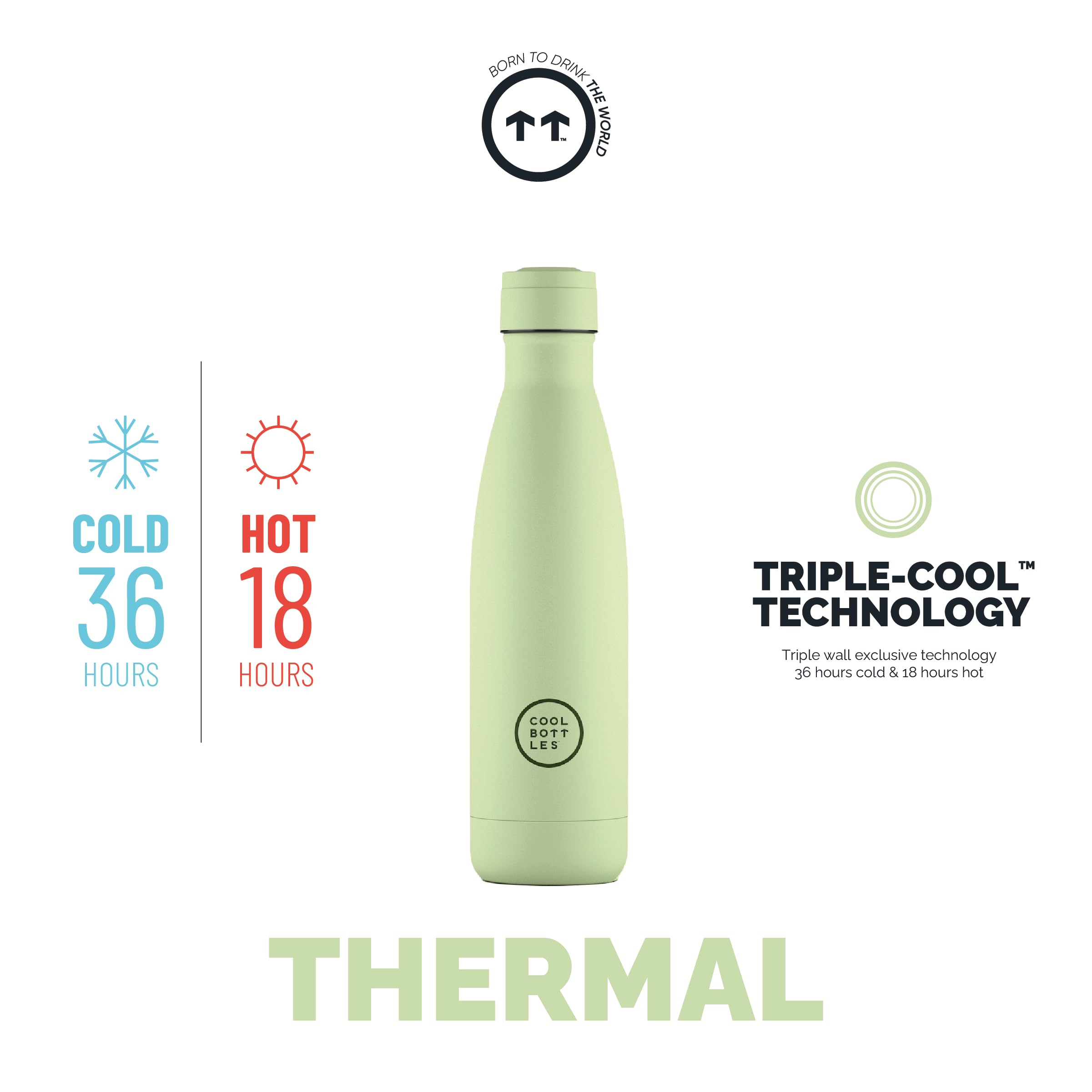 Cool Bottles - Trinkflasche aus Edelstahl - 500 ml - Pastel Green - 26,5 x 7 cm -Thermische Kaltgetränke 36 Stunden und Heißgetränke 18 Stunden - Triple-Cool Technology - BPAFrei