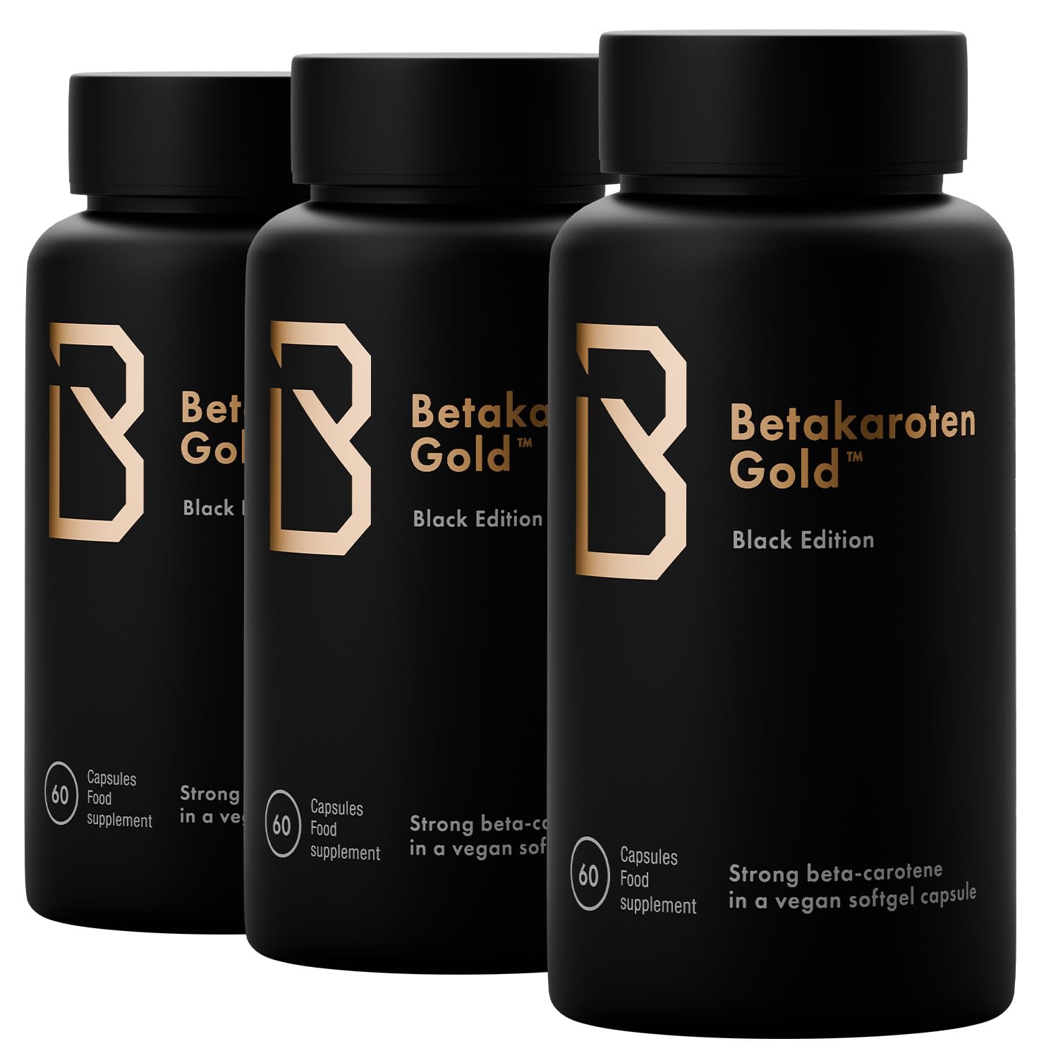 Betakaroten Gold® Black Edition Beta Carotin Kapseln, 15 mg für intensive Bräune von innen - Norwegische Qualität - 60 Kapseln - vegan - mit Kokosöl, Biotin, Kupfer & Vitamin C,A,E - 3-Monats-Vorrat