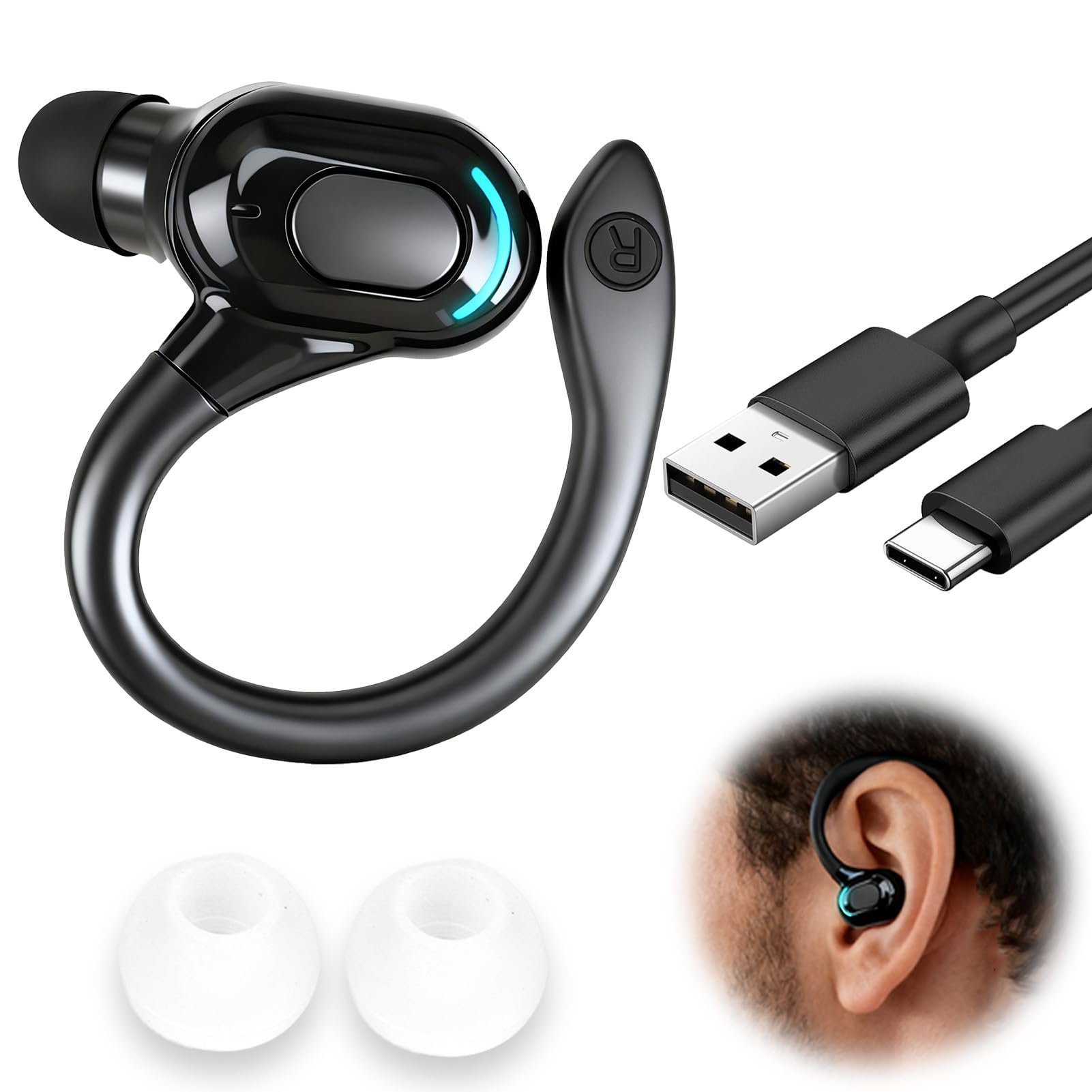 Oreillette Bluetooth sans Fil V5.2, Écouteur Mono Tour d'oreille 360° avec Micro Intégré, Main Libre Bluetooth 20h de Lecture pour iPhone Android PC Bureau Conduite Affaires Sport