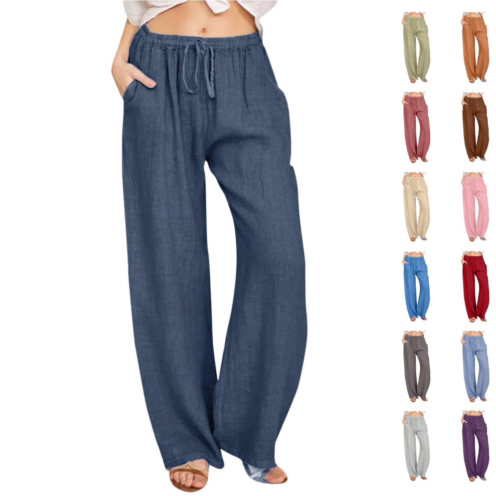 Women's Linen Trousers Clearance Wide Leg Pants Plus Size Elastic Waist Summer Casual Palazzo Trousers with Pockets Cotton Solid Color Straight Long Pants