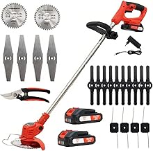 OUTIGO Akku Rasentrimmer mit Akku, Rasenkantenschneider mit 2 Akkus 21V und 4 Messertypen+1 Gartenschere, Verstellbarer Teleskop-Führungsholm Desbrozadoraeléctrico inalámbrico