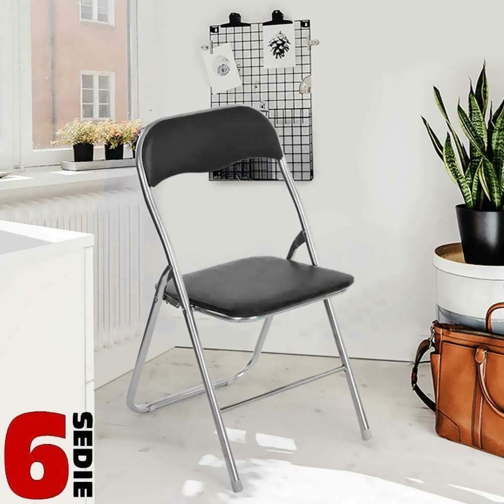 BAKAJI Set 6 Sedie Imbottite Pieghevoli Salvaspazio Sedia con Struttura Tubolare In Metallo Rivetsimento in PVC Design Moderno per Sala da Pranzo Cucina (Nero)