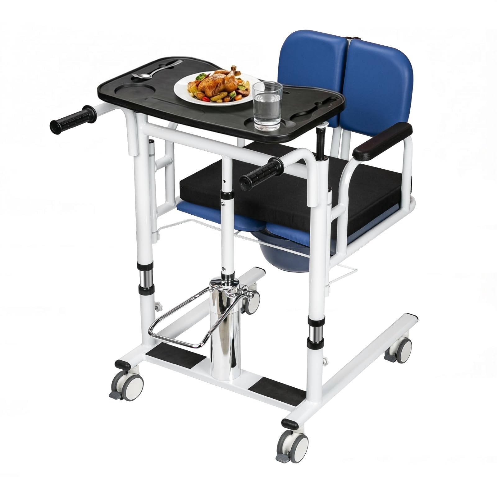 Patient Lift Transfer Chair for Home, 440lbs Capacity,Equipped with a Hydraulic Lift Bar, Commode, and Dining Table 4 in 1 Shower Chair with 180° Split Seat, for Elderly Transfer to Bed/Toilet