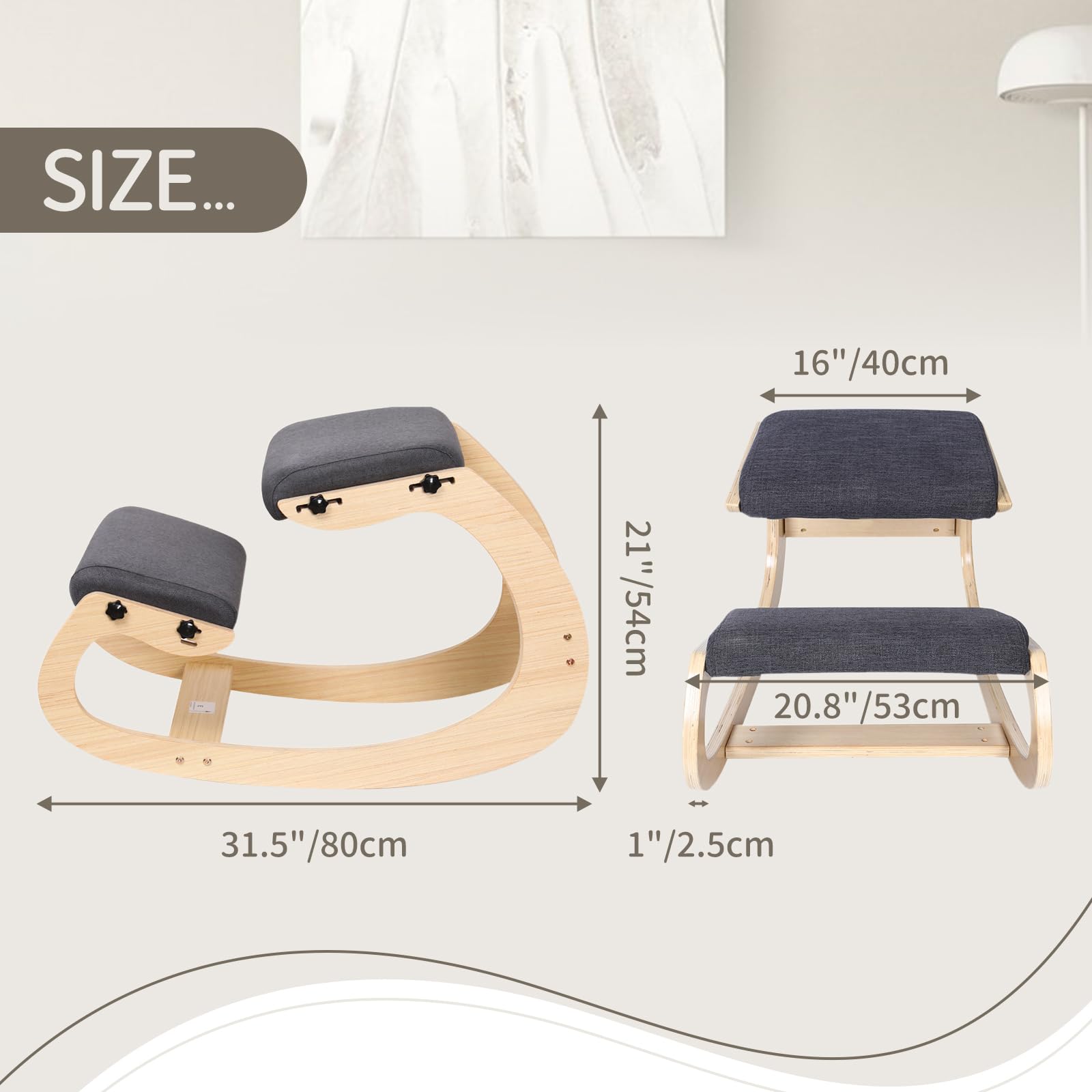 Chaise ergonomique à bascule réglable 3 vitesses, tabouret à genoux en bois avec siège incliné et coussin en lin pour soulager les douleurs du dos et du cou