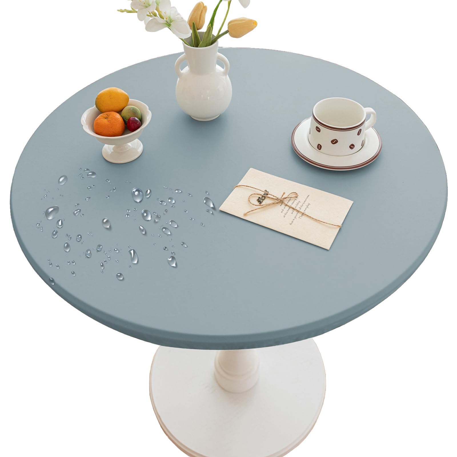 Thdsubb Round Tablecloth Leather Waterproof Tablecover Elastic Edged Fitted Table Protector Cover Wipeable for Home Picnic Party (Blue,90cm)
