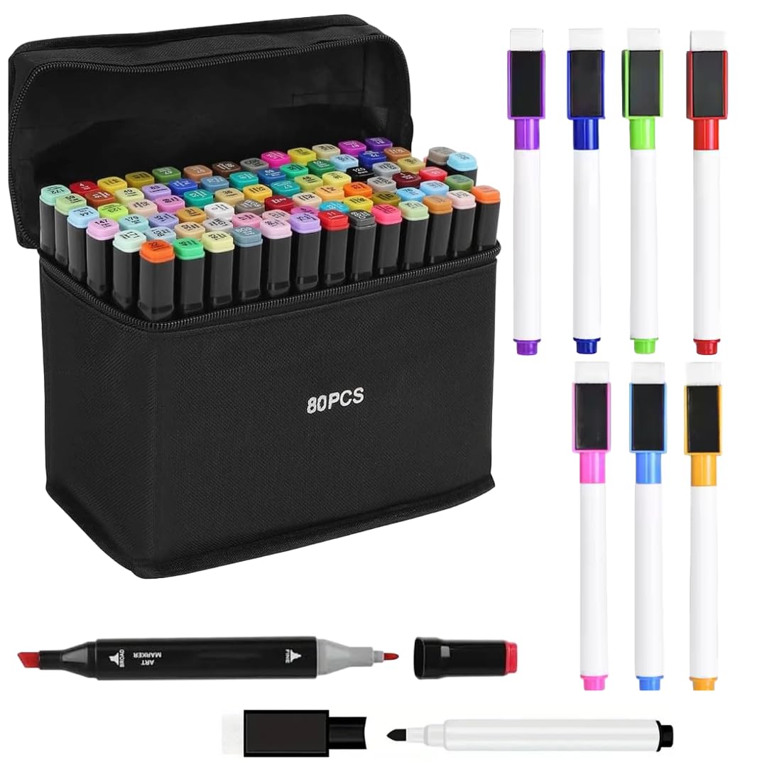 Corslet 88 Piece Markers Set – Includes 80 Dual Tip Broad and Fine Alcohol Markers Ideal for Drawing, Sketching and Calligraphy 8 Fine Tip Marker Pens for White Board Marker and Duster for Teaching