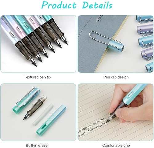 Miniatura 3 de Lápiz infinito, 6 lápices mágicos sin tinta con 2 borradores adicionales, reutilizables, con 8 puntas reemplazables para escribir, dibujar,