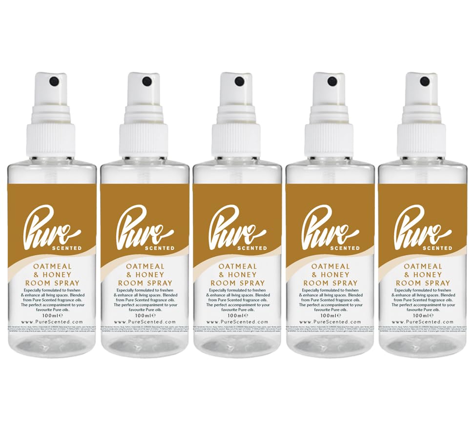 "Pure Scented 500ml Room & Fabric Sprays 5 x 100ml Suitable For Home, Car, Caravan, Work, Gym Bags, Odour Eliminators (5 x 100ml, Oatmeal & Honey)"