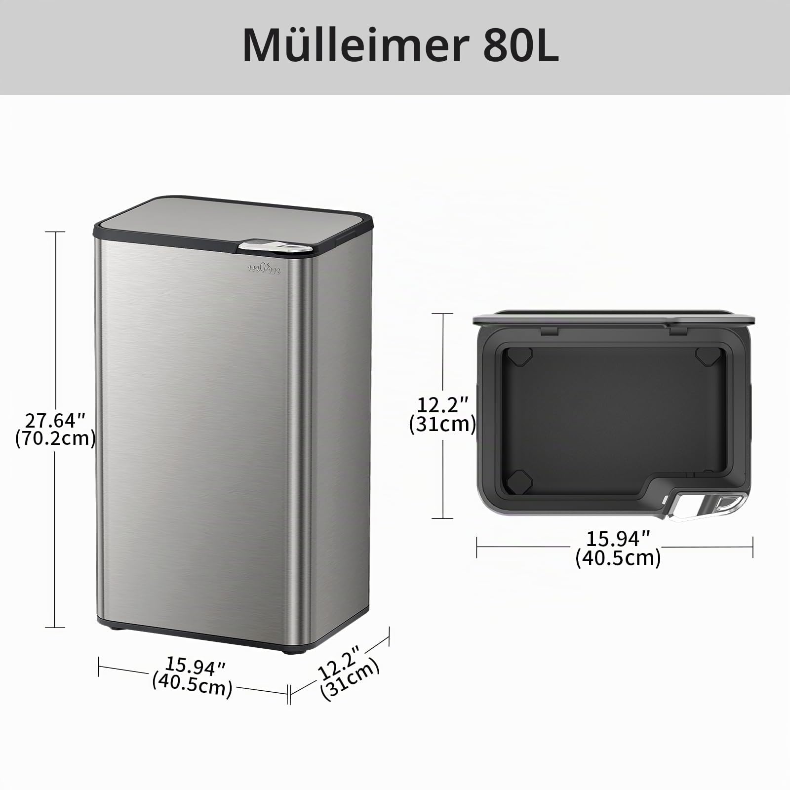 mVm Küchen & Büromülleimer 80L, Edelstahl, Rechteckig, Mit Deckel & Geruchsfilter, Sanftschließend & Offen Haltbar, Abnehmbare Halterung