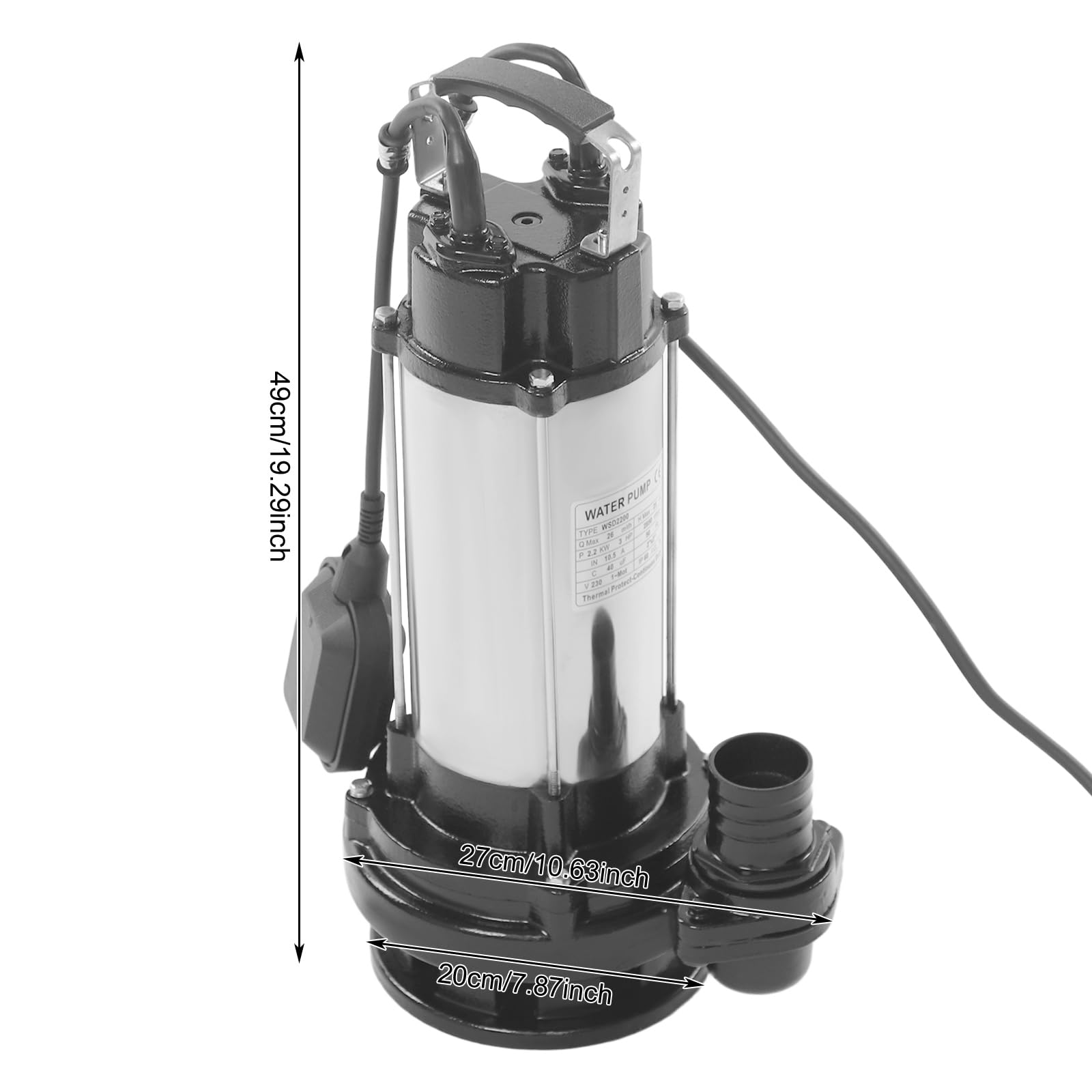 Bomba sumergible para aguas residuales 26000: bomba de agua sucia con caudal de 26.000 l/h, interruptor de flotación con funcionamiento continuo, acero inoxidable IP68, 2200 W para sótano y