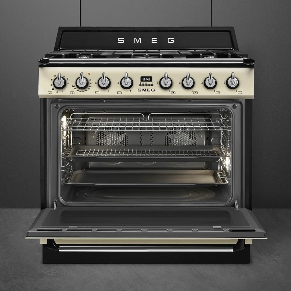 Smeg TR90GMP Cucina 90 Cm, Modello Victoria, Piano Cottura A Gas, 5 Fuochi, Forno Elettrico Multifunzione, Color Panna, Classe Energetica A