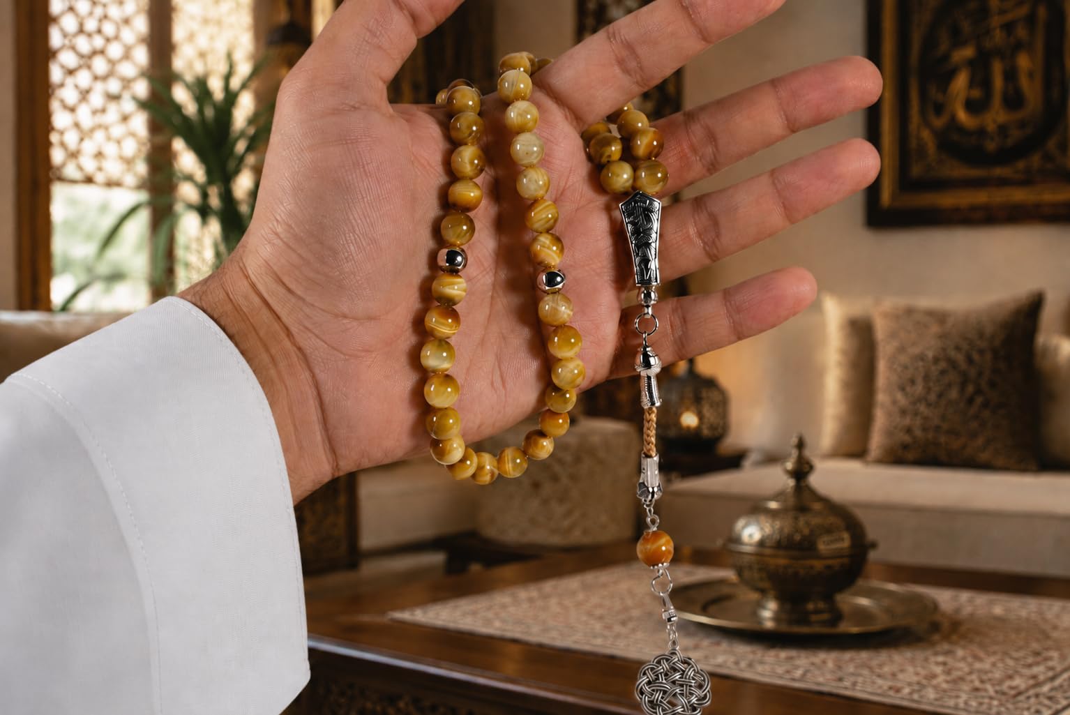 Tasbih złoty łańcuszek modlitewny z 45 perełkami Misbaha ze srebrnym frędzlem i pudełkiem na prezent, tygrysie oko, koraliki modlitewne dla mężczyzn, ojca, męża, Ramadan Eid prezent urodzinowy