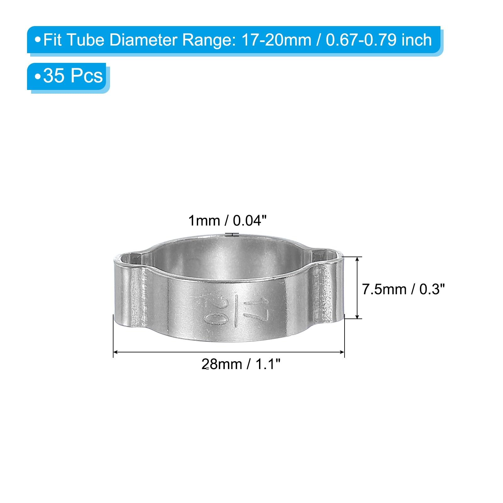 PATIKIL 35 Pack 17-20mm Double Ear Hose Clamp, 304 Stainless Steel O Clip Crimp Rings for Fuel Petrol Pipe Tube Fitting Connections, Silver Tone - Image 2