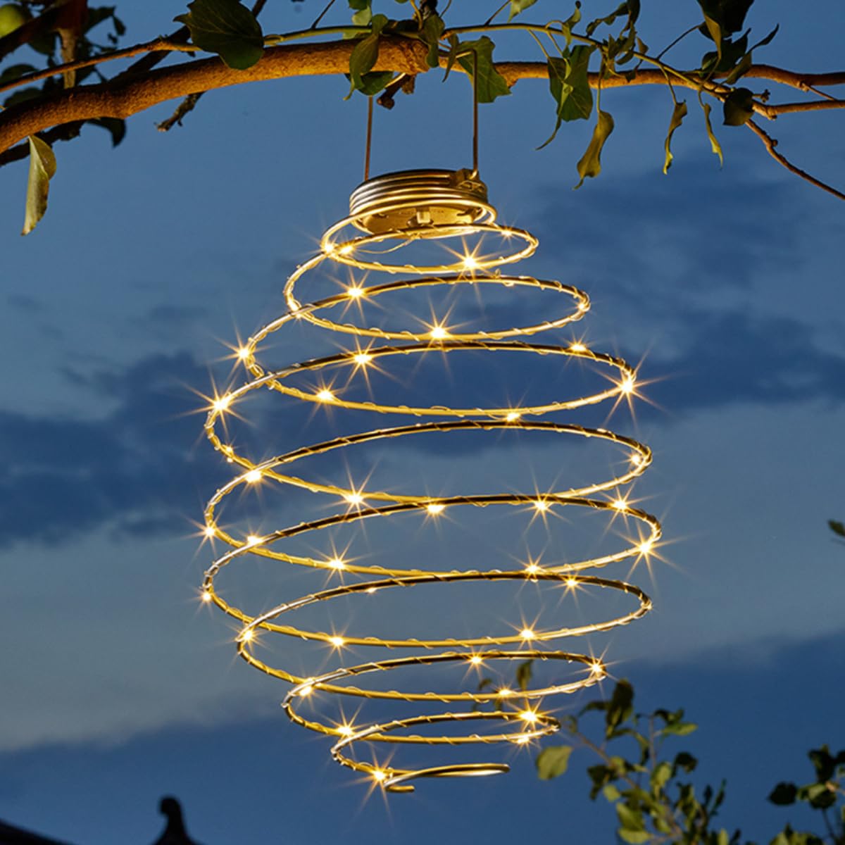 Festive Lights - 45cm Solar Hanging Spiralites Lantern with Spiral Frame & 45 Warm White LEDs - Outdoor Decorative Metal Feature, Integrated Panel, Silver Finish, IP44 Rated, Auto-On Sensor, No Wiring