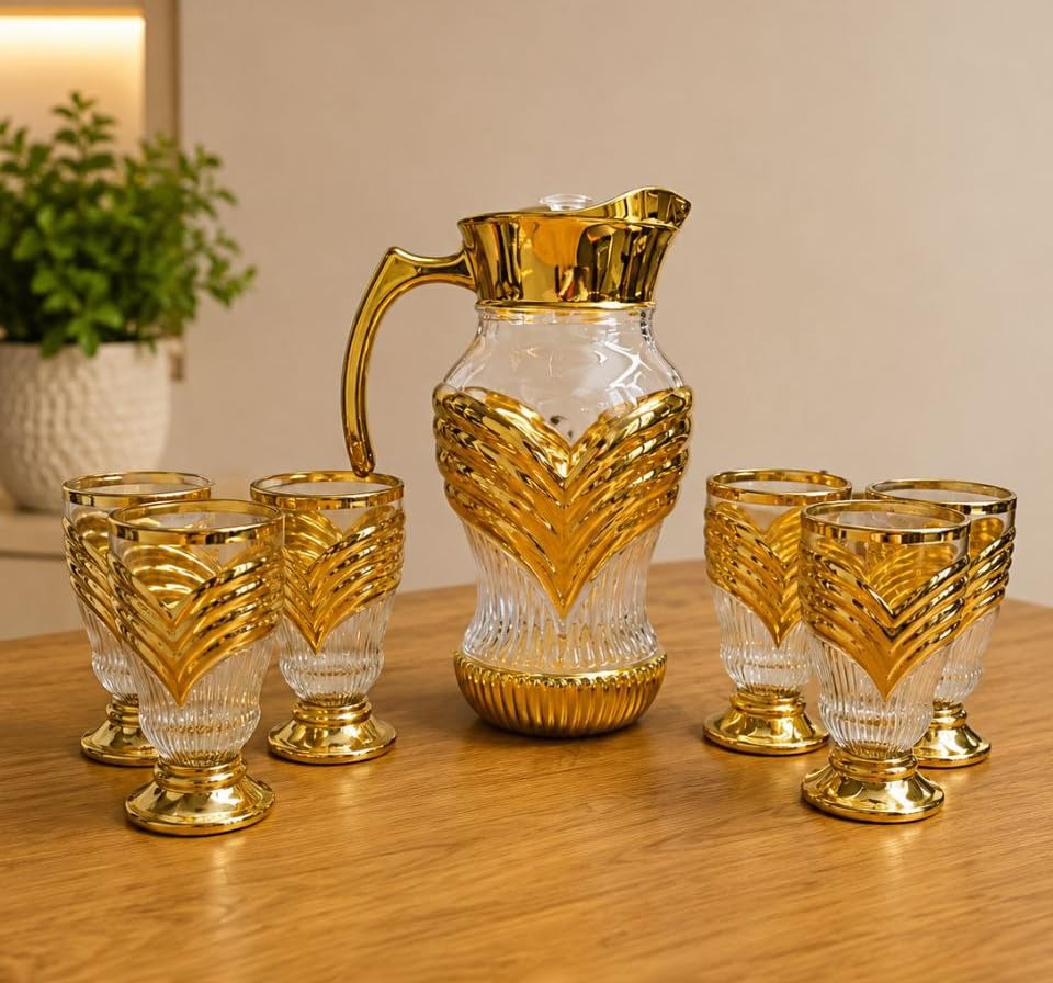 Image of Crystal Golden Water and Juice Glasses Set of 6 and Jug 1 piece Transparent, Glass and Jug Set for Dining Table,Party,Gift Set,All pourpse use Set of 1