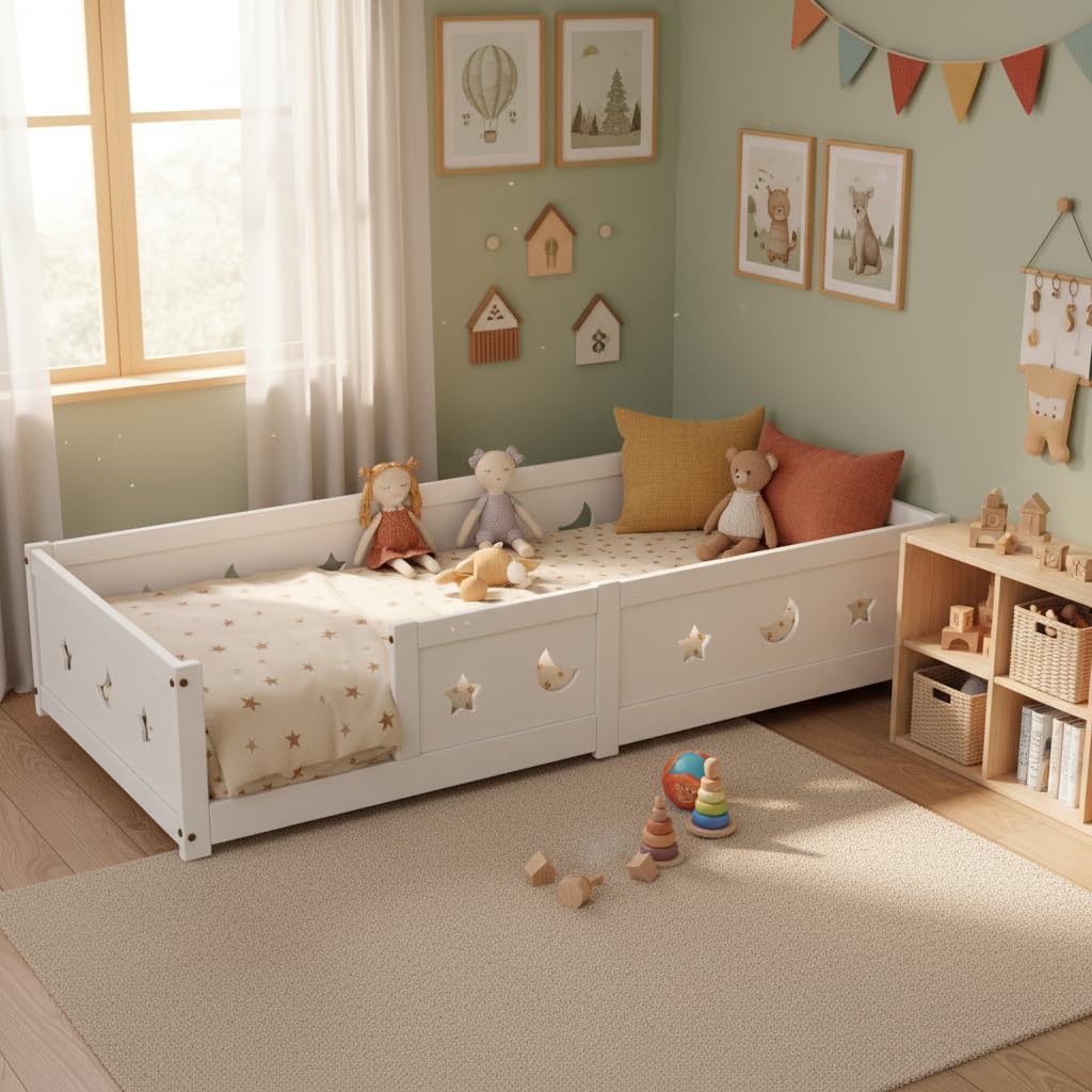 Montessori - Cama de suelo de 90 x 200 cm, con protección anticaída y somier de láminas, diseño de estrellas y luna, cama infantil para niños y niñas, de madera de pino maciza, color blanco (blanco