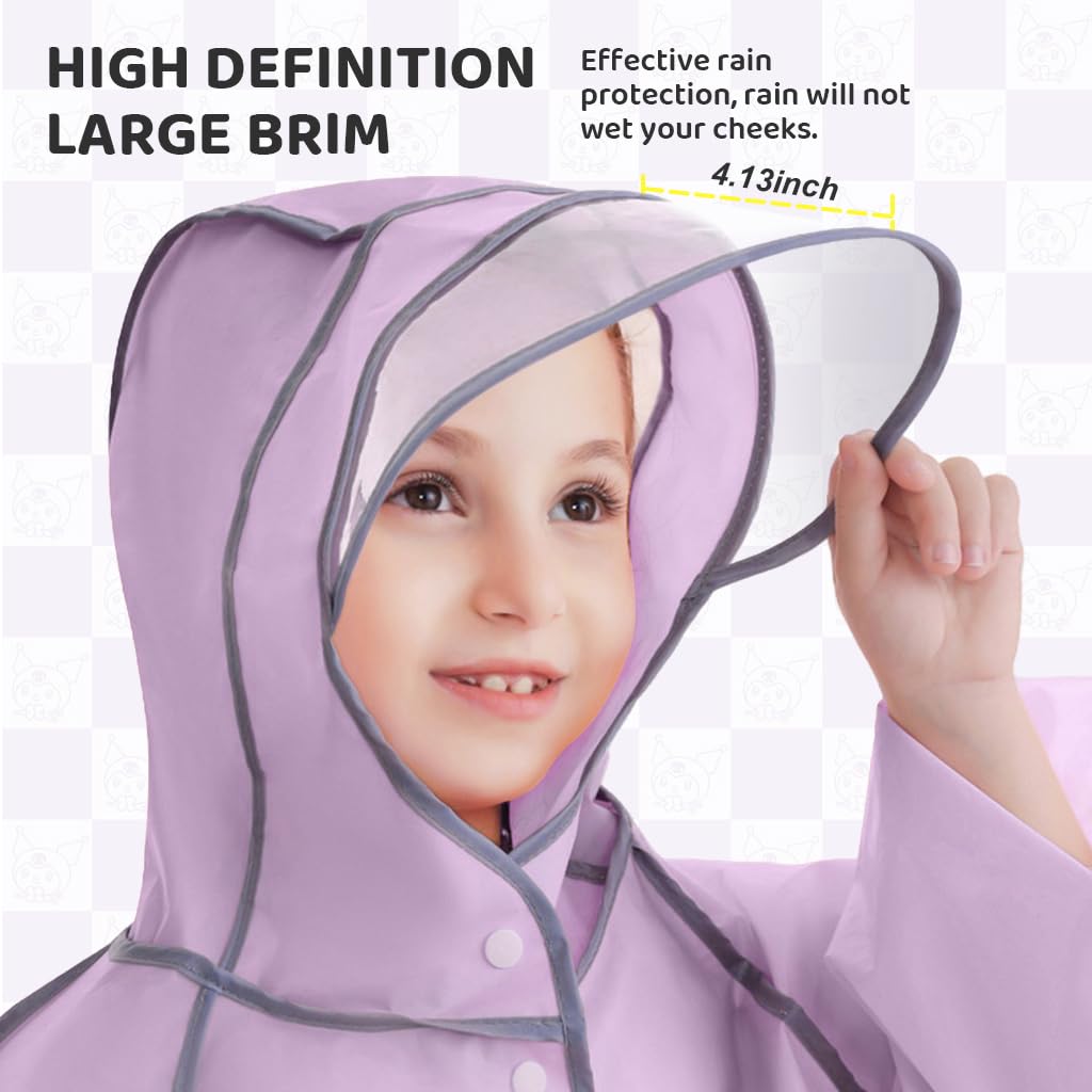 PATPAT® Rain Poncho for Girls Kids Rain Coat EVA Coat Knee-length with Transparent Wide Brim Hat & Pocket Button-Up High Collar Cartoon Kuromi for School,Camping,L 3