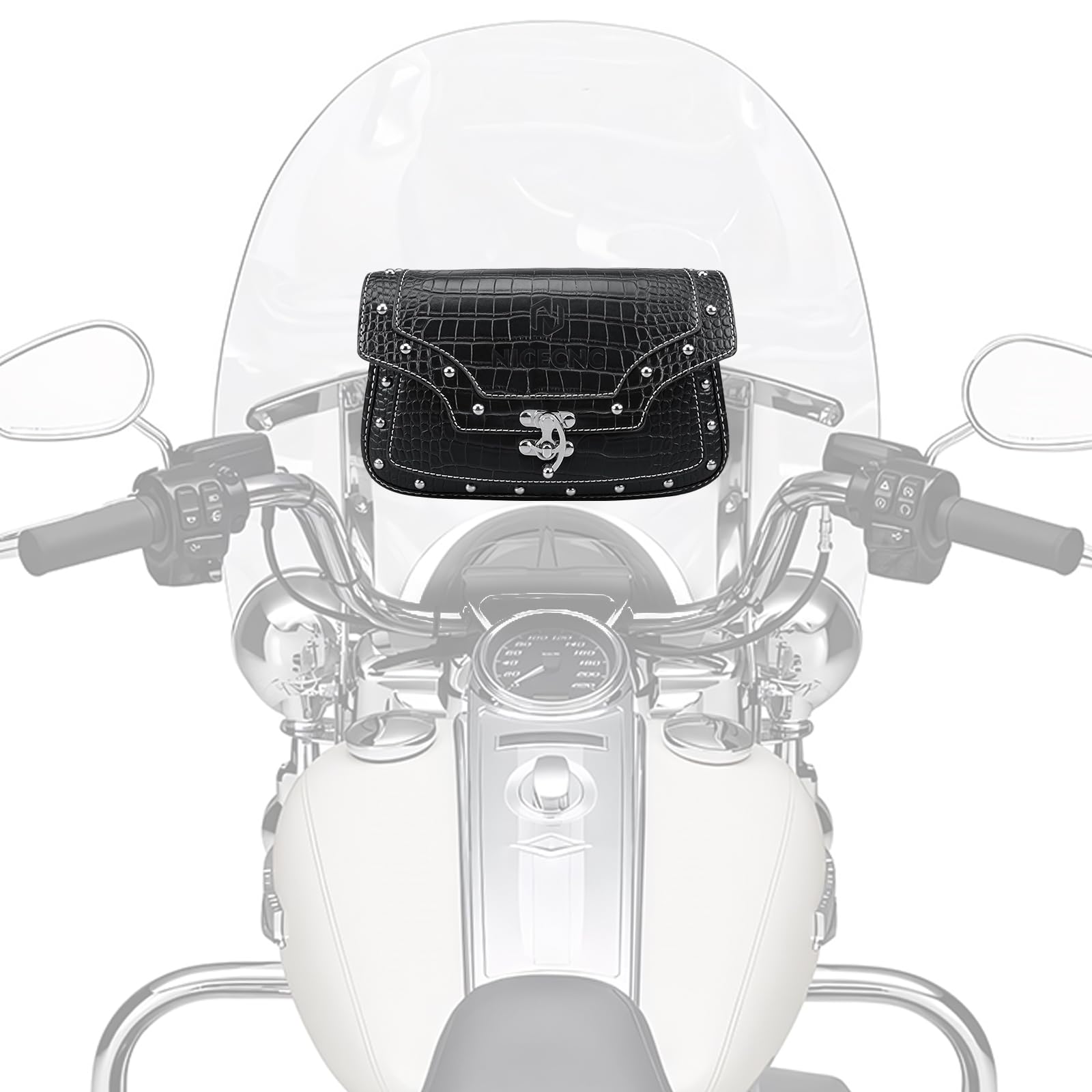 NICECNC Motorcycle Windshield Bag, Vintage Crocodile Texture PU Leather, Windscreen Studded Pouch Compatible with Road King 1995-2019 2020 2021 2022 2023 Softail, Quick Access, Easy to Install