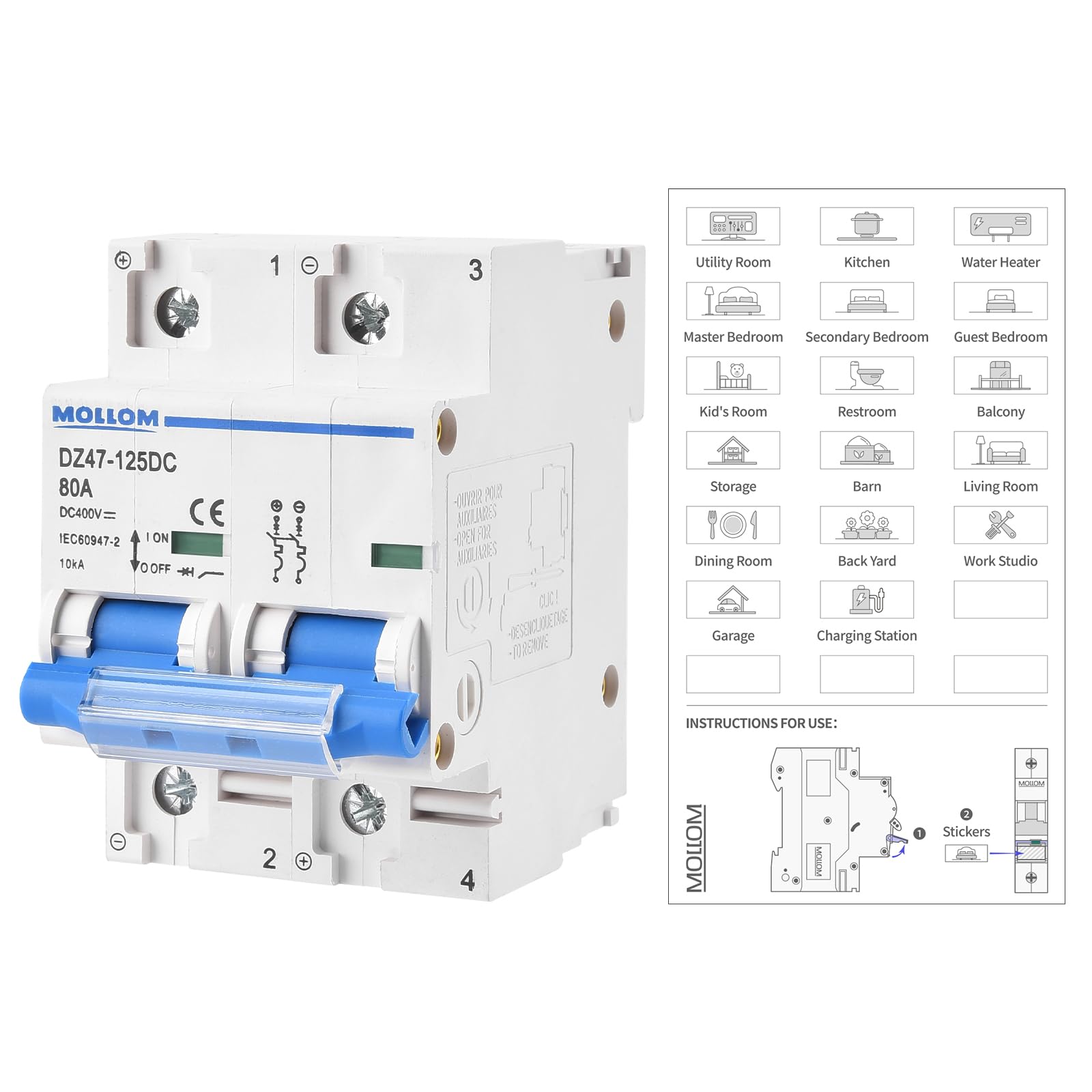 MOLLOM DC 2 Pole Miniature Circuit Breaker,400V 80A, C80 Scene Visualization Custom MCB Thermal Magnetic Trip, 6KA Breaking Capacity DC Disconnect Switch for Solar Photovoltaic System