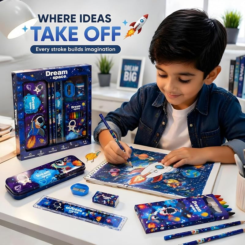 Image of Kids Stationery Set for Boys & Girls | 12-Piece School Supplies Kit with Pencils, Eraser, Sharpener & Ruler | Learning Gift Set for Kids Age 3-15 Years | Return Gift for Birthday Party