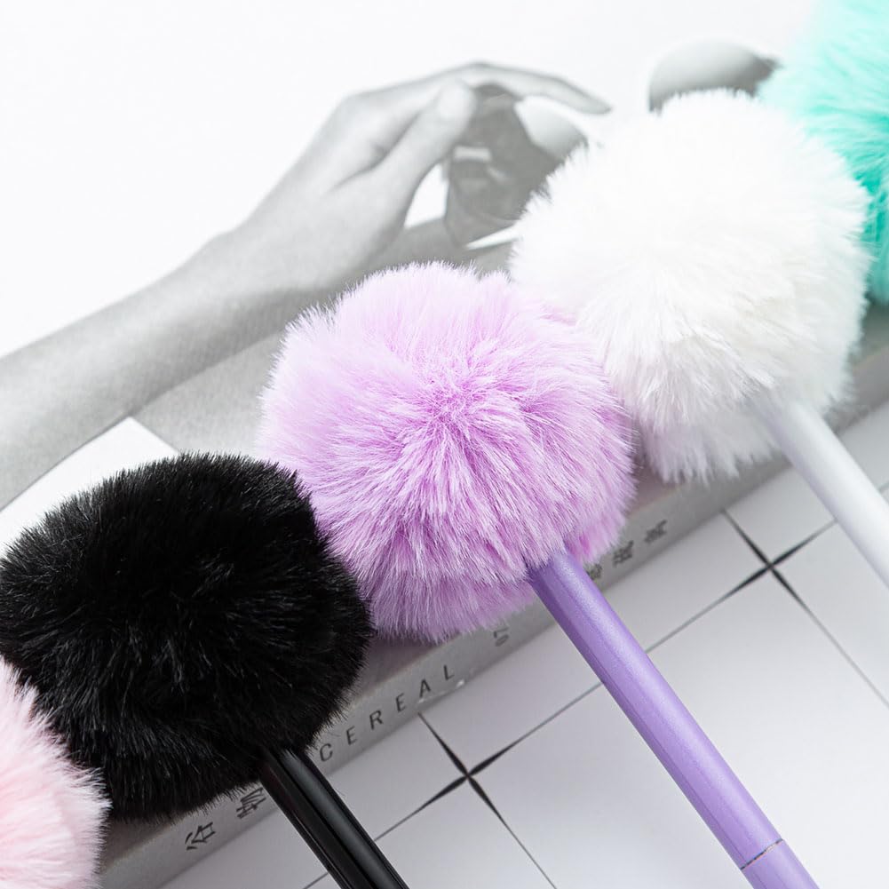 HugeDE 5 Pcs Fluffy Ball Ballpoint Pens Cute Pom Pom Pens Fuzzy Ball Pen Fancy Gel Ink Pens Pretty Journaling Pens for Office School - Image 2