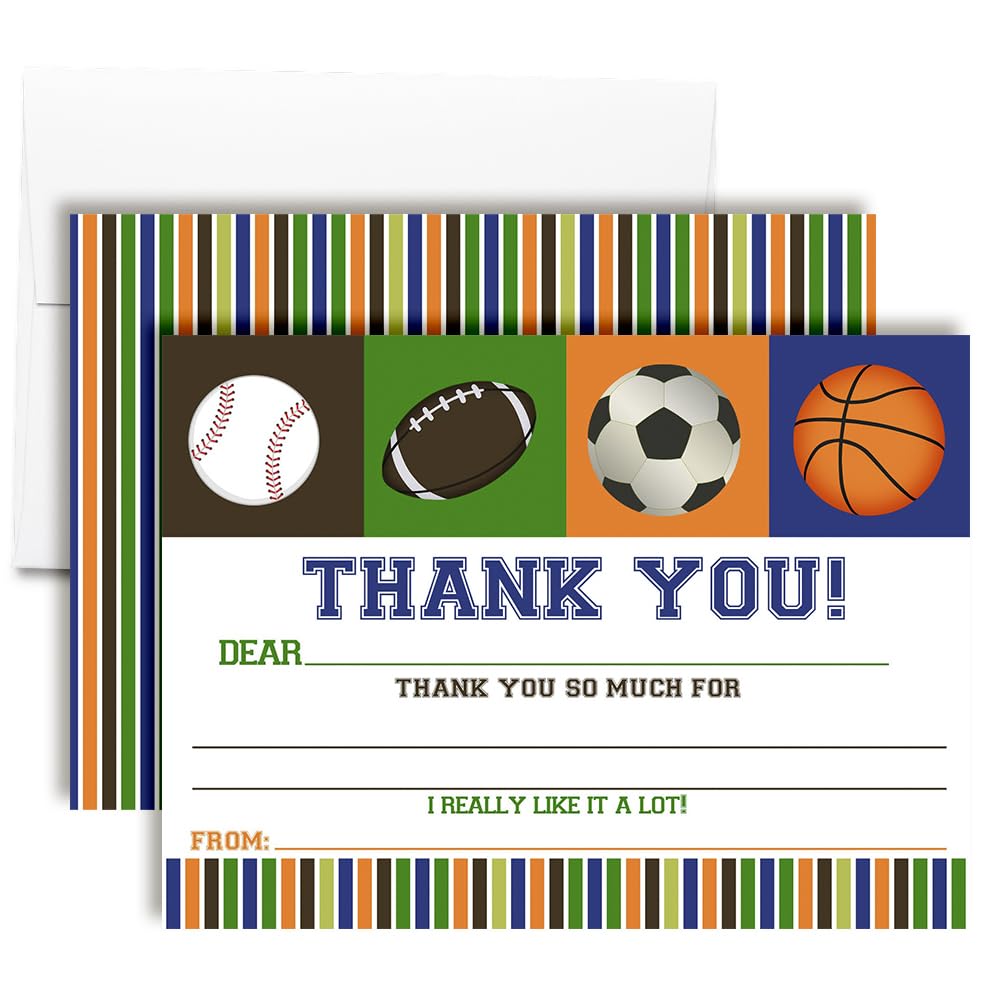 All Star Sports Birthday 10 Thank You Cards 4" x 5.5" Fill-In Thank You Notes with Envelopes, Kids Party Stationery Set, Fun Sports Design, Made in