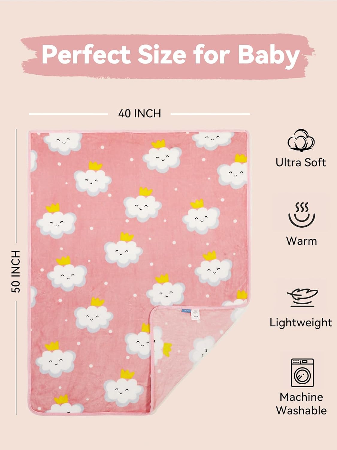 TILLYOU Toddler Flannel Blanket - Warm Cozy Baby Blanket for Boys and Girls, Smooth Cute Lightweight Blanket for Bedding Crib Stroller, 40x50 Inches, Pink Cloud - Image 3