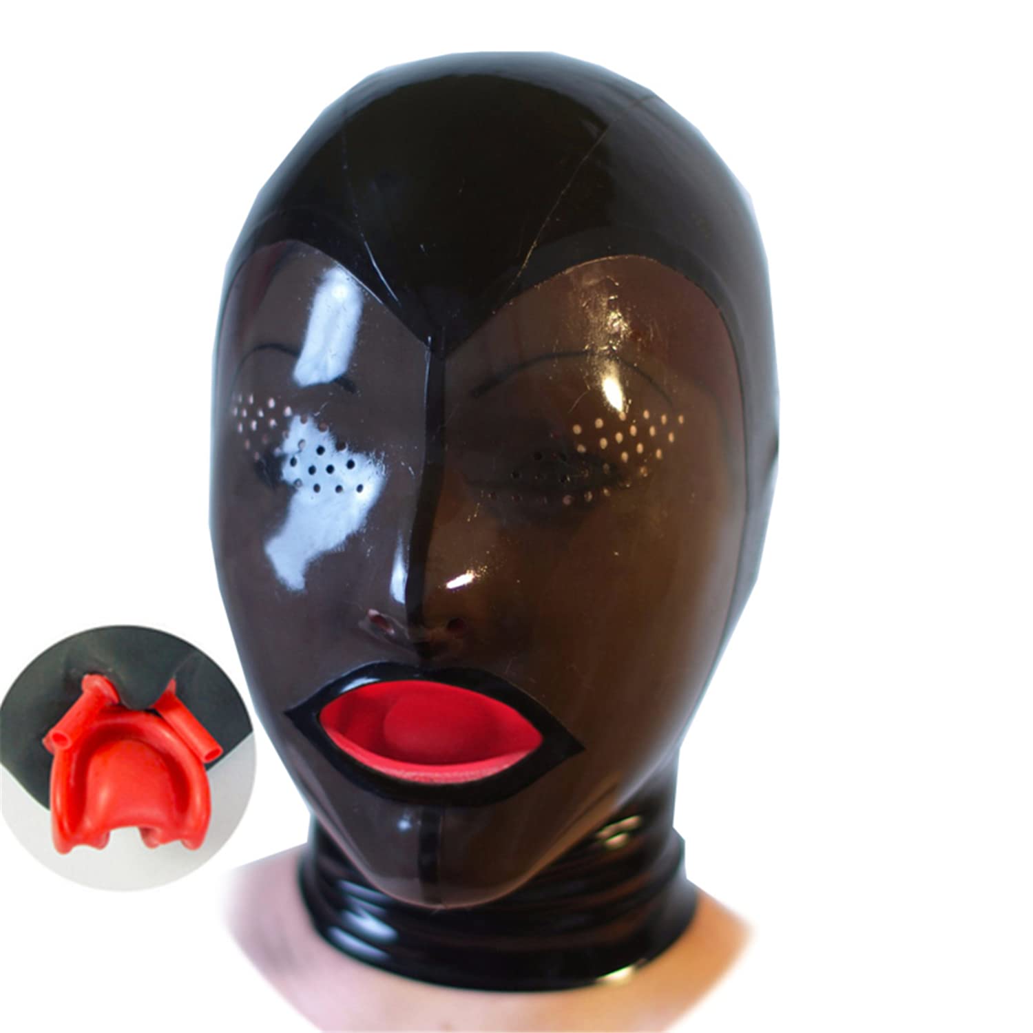 Secondskin Unisex Black With Transparent Black Latex Hood With Inner Red Mouth Teeth Gag And Nose Nasal Tubes Open Perforated Eyes Holes Back Zipper Club Party Wear (X-Large)
