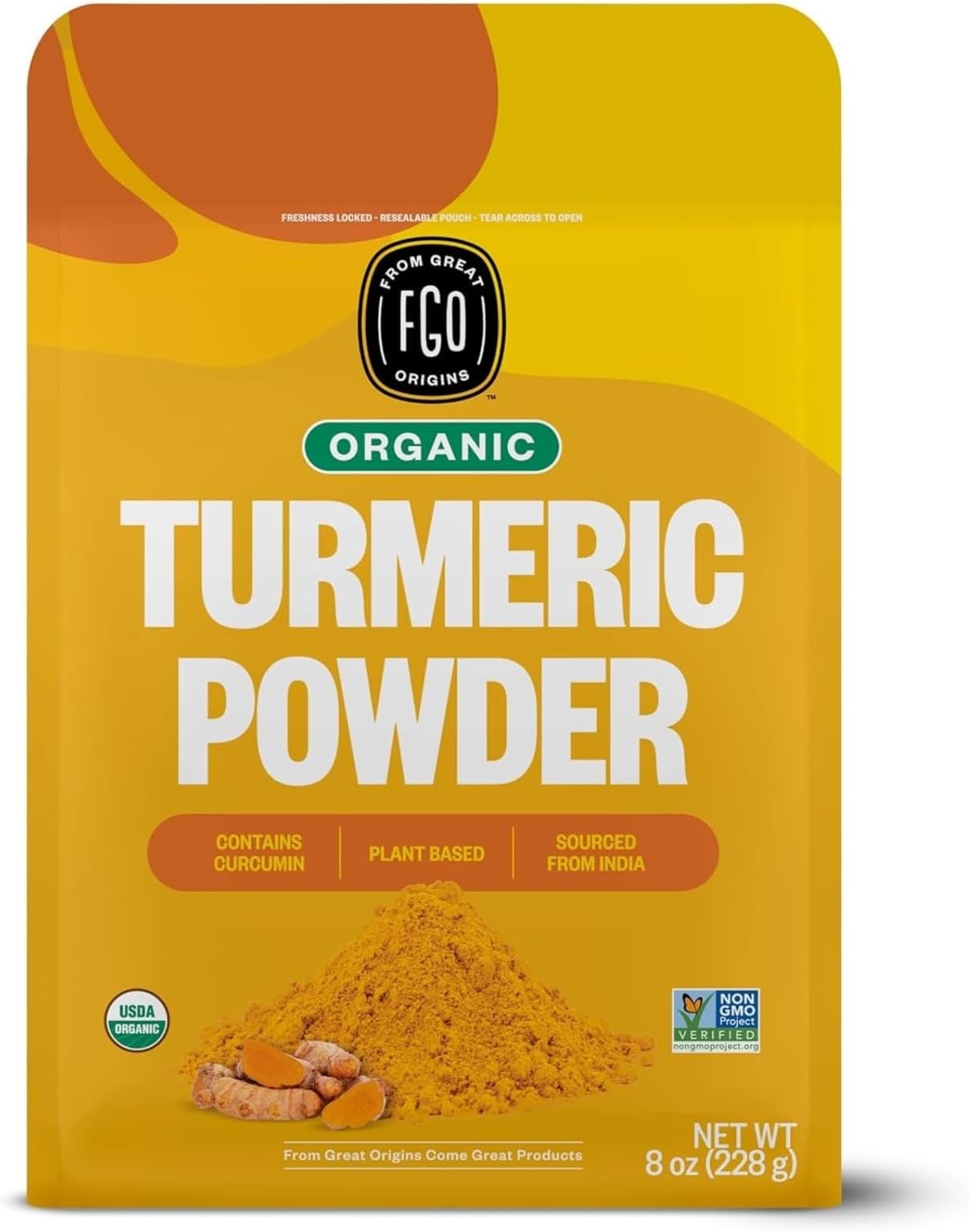 FGO Organic Turmeric Powder w/Curcumin, 8oz Resealable Pouch, USDA Organic and Non-GMO, Sourced from India, Packaging May Vary (Pack of 1)