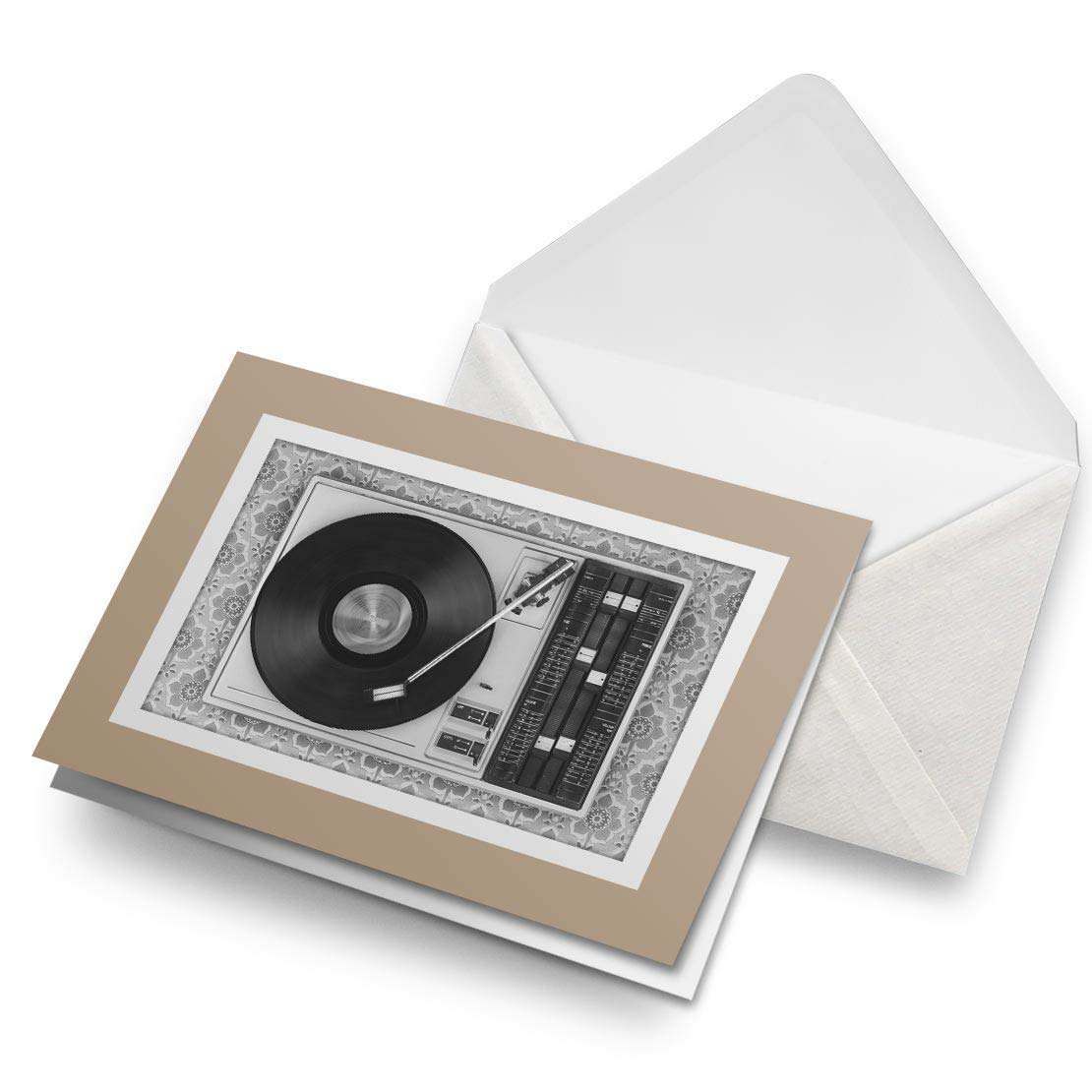 Greeting Cards Biege (Insert) BW - Retro Old Vinyl Record Player Music Blank Greetings Card Birthday Kids Party Boys Girls #43444