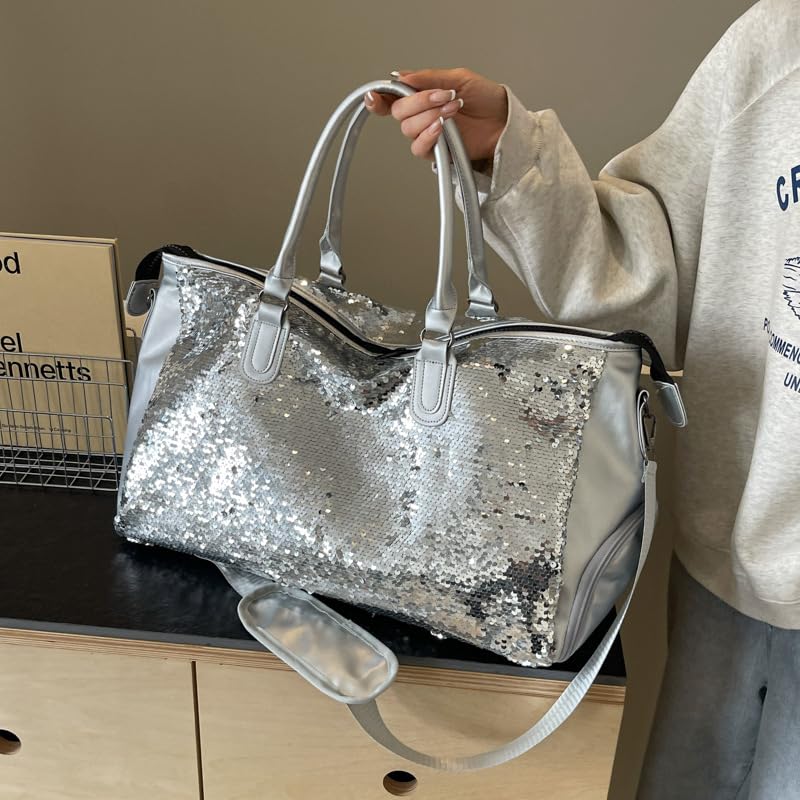 Sequin Duffel Bag with Shoe Compartment, Travel Gym Bag with Shoulder Strap,Reversible Sequin Girl Dance Duffle Bag, Weekend and Travel Bag with Adjustable Carry On and Handy Pouch (Silver)4