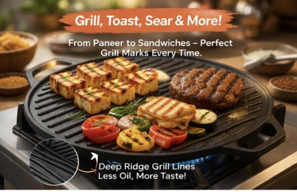 Image of Dosa Tawa & Grill Cast Iron 2-in-1 | Double-Sided Tawa /Pan for Roti, Dosa, Chapati, Fish & Steak | Naturally Nonstick, Gas & Induction Cookware | Reversible Cooking