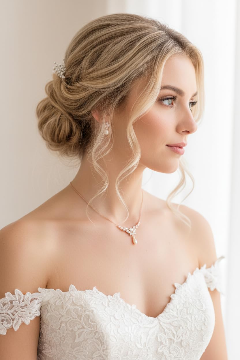 Schmuckset Rosegold Silber Perlen Zirkonia Halskette Ohrringe Strass Brautschmuck Hochzeit Kommunion Abiball