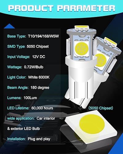 Miniatura 10 de UNXMRFF Paquete de 25 bombillas LED 194, bombillas LED T10 superbrillantes, color verde, bombilla 2825 5050 Chipset 5-SMD, W5W 168 bombillas LED de