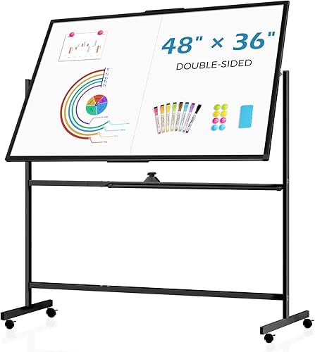 Miniatura 12 de Pizarra Blanca Rodante Grande de 48" X 36", Pizarra Blanca Magnética con Rotación de 360° y Soporte, Caballete de Pizarra Blanca de Doble Cara sobre