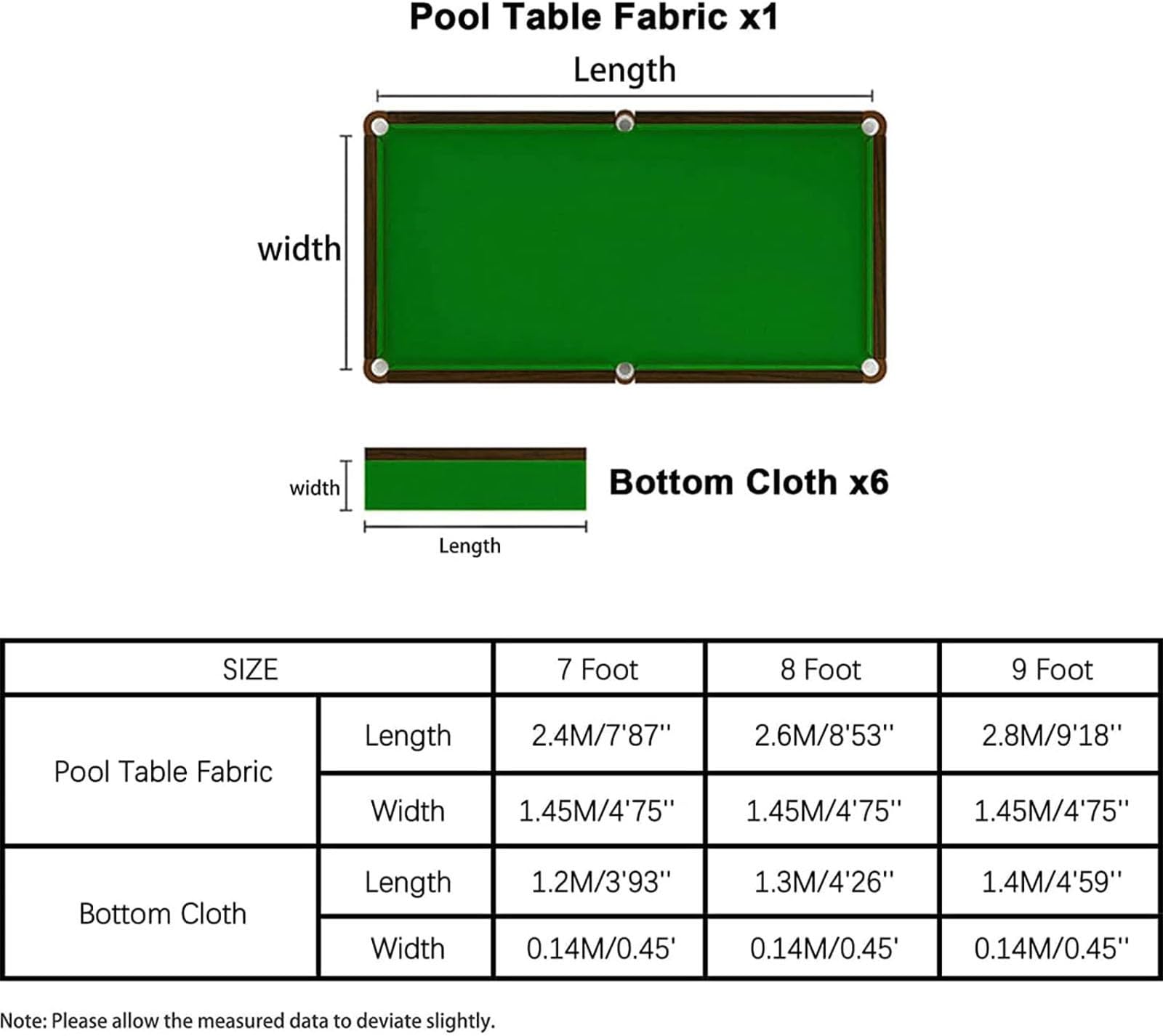 Filc stołowy bilardowy trwały obrus bilardowy filcowy zestaw zastępczy 2,1 m / 2,4 m / 2,7 m Indoor Sports Game Bilard obrus na stół z 6 dolnymi tkaninami do różnych gier Snooker, 01,8